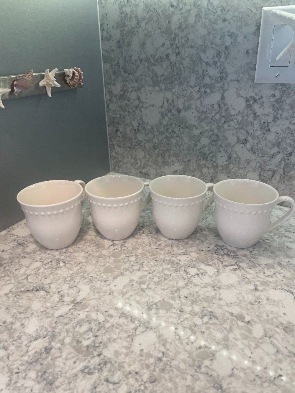 POTTERY BARN EMMA BEADED MUGS WHITE CREAM SET OF 4 PREOWNED